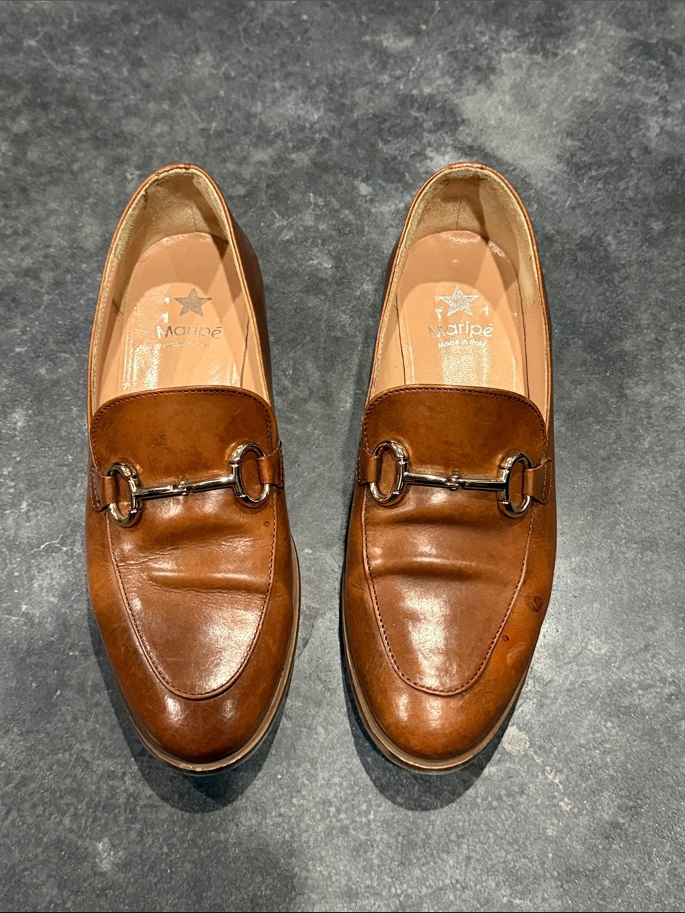 Women’s marine vintage brown leather gold horse bit loafers